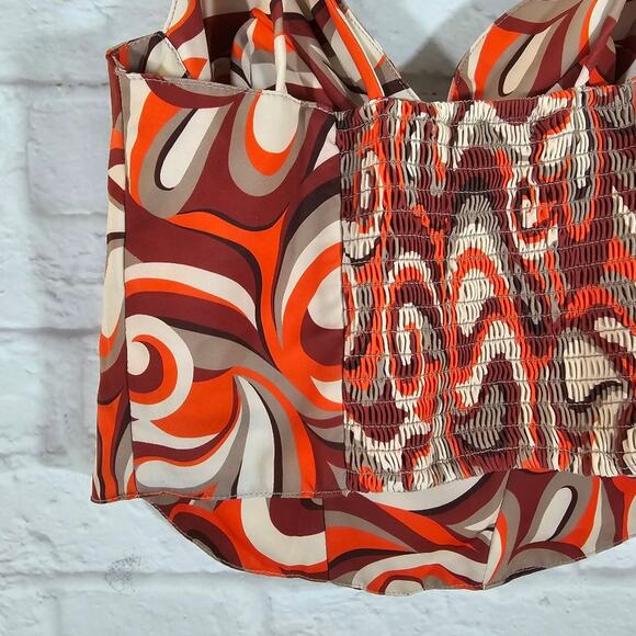 A Forever 21 Womens Y2K Retro Orange Swirl Corset Crop Top Tank Size S Satin - Picture 7 of 9